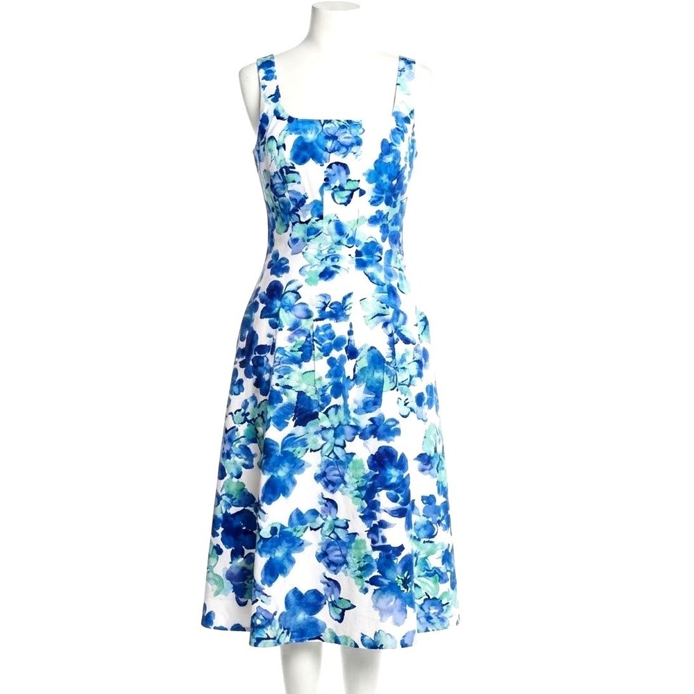 Lauren Ralph Lauren Blue Floral Watercolor Fit & Flare Dress Pockets 4